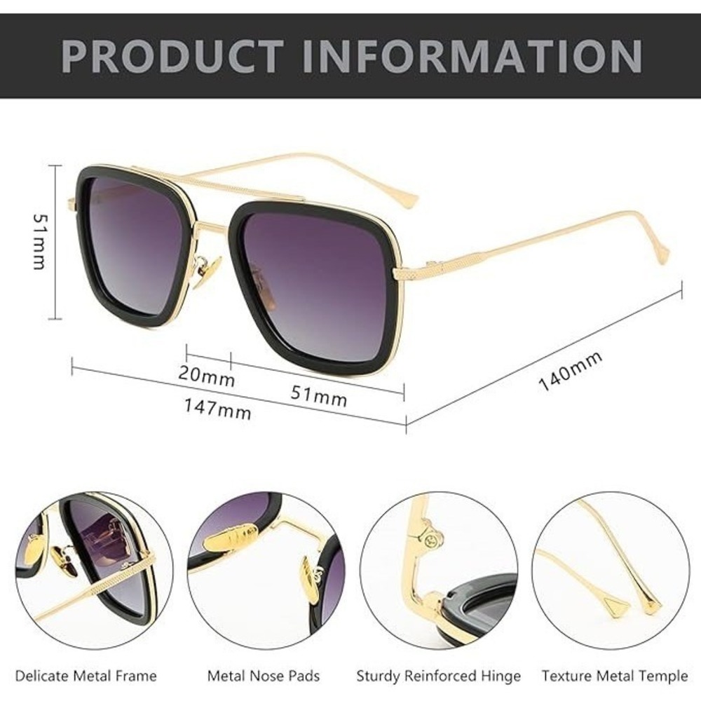 Square Sunglasses Black Gold Frame Stylish Fashion Eyewear Elegant Women Lentes - Picture 10 of 11